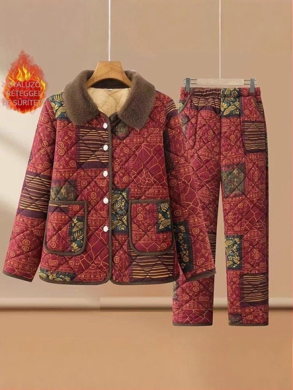 Középkorú nőknek készült poliészter tömött dzseki virágos mintával, 95%+ poliészter, töltet poliészter-pamut, laza szabás, elegáns mindennapi viselet