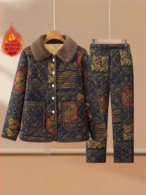 Középkorú nőknek készült poliészter tömött dzseki virágos mintával, 95%+ poliészter, töltet poliészter-pamut, laza szabás, elegáns mindennapi viselet