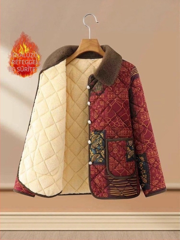 Középkorú nőknek készült poliészter tömött dzseki virágos mintával, 95%+ poliészter, töltet poliészter-pamut, laza szabás, elegáns mindennapi viselet