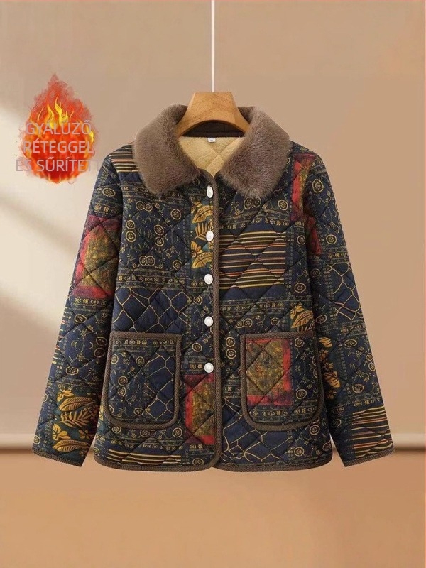 Középkorú nőknek készült poliészter tömött dzseki virágos mintával, 95%+ poliészter, töltet poliészter-pamut, laza szabás, elegáns mindennapi viselet