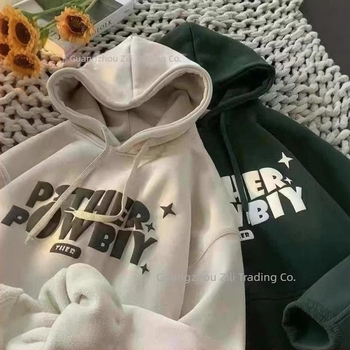 Fleece- bélelt, vastag vintage amerikai stílusú kapucnis pulóver habbetűs nyomással, oversized