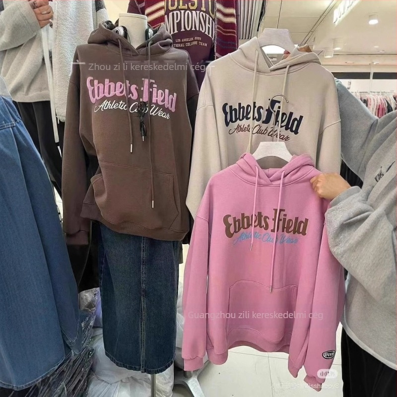 Fleece- bélelt, vastag vintage amerikai stílusú kapucnis pulóver habbetűs nyomással, oversized
