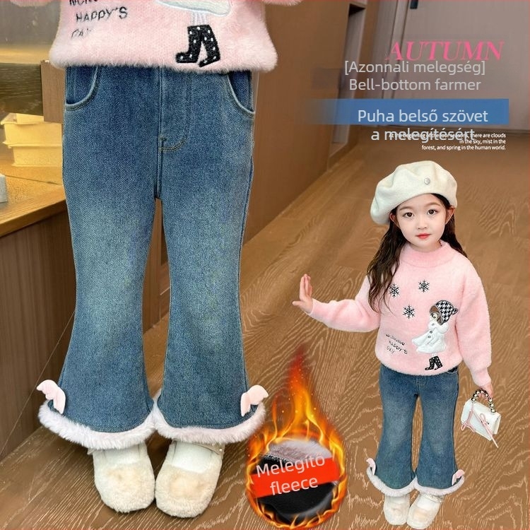 Lányoknak készült fleece-tel bélelt farmernadrág, koreai stílusban, virágos mintával, középmagas derék és elasztikus öv, pamut farmer enzimes mosással (Tél 2024, 3–8 éveseknek)