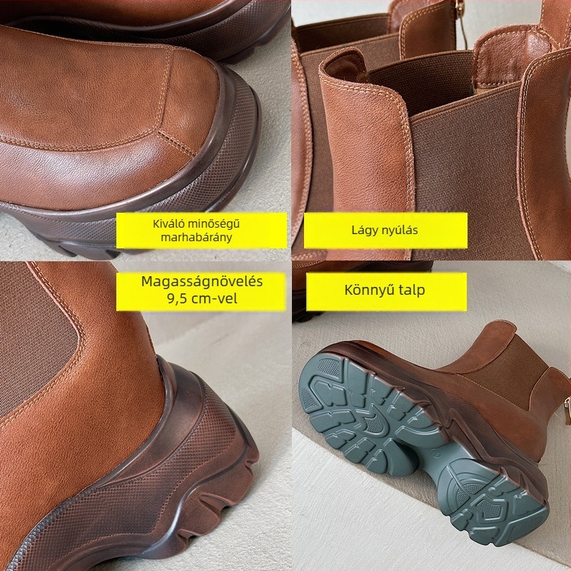 Női Chelsea csizmák magasságot növelő sarokkal, PU talpú, két rétegű marhabőr felsőrész