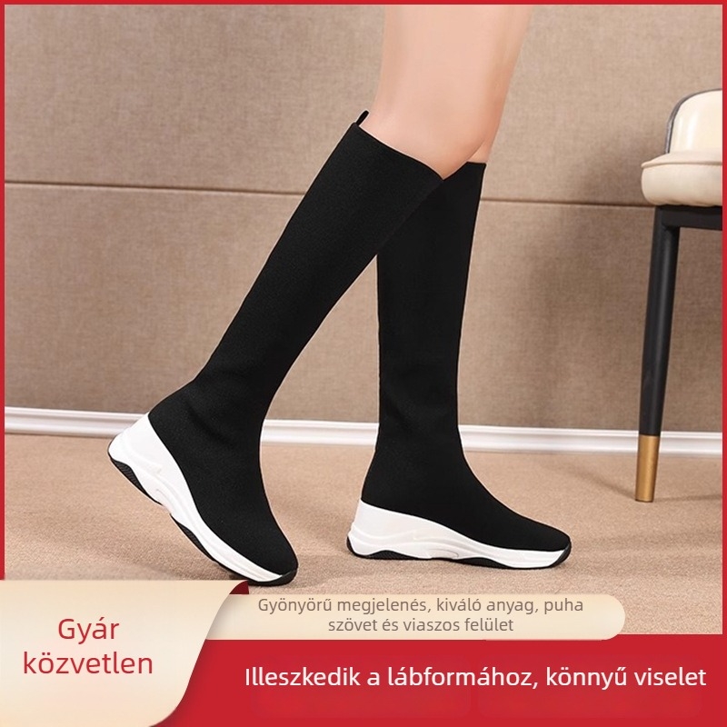 Térd fölötti csizma textil felsőrésszel, valódi bőr belső bélés, 3–5 cm magas sarok, slip-on, műanyag talp