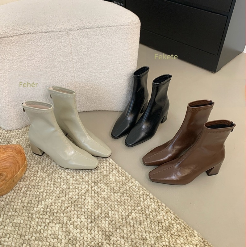 Női térdcsizma kerek orrú, PU felsőrész, cipzár, középmagas sarkú 3-5 cm