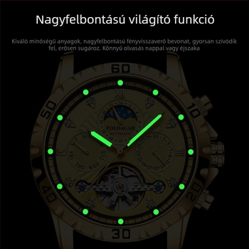 Férfi mechanikus karóra, 50 m vízálló, 42 mm-es számlap, rozsdamentes acél tok és karkötő, tourbillon és holdfázis