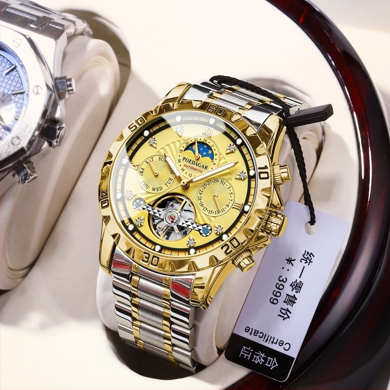 Férfi mechanikus karóra, 50 m vízálló, 42 mm-es számlap, rozsdamentes acél tok és karkötő, tourbillon és holdfázis