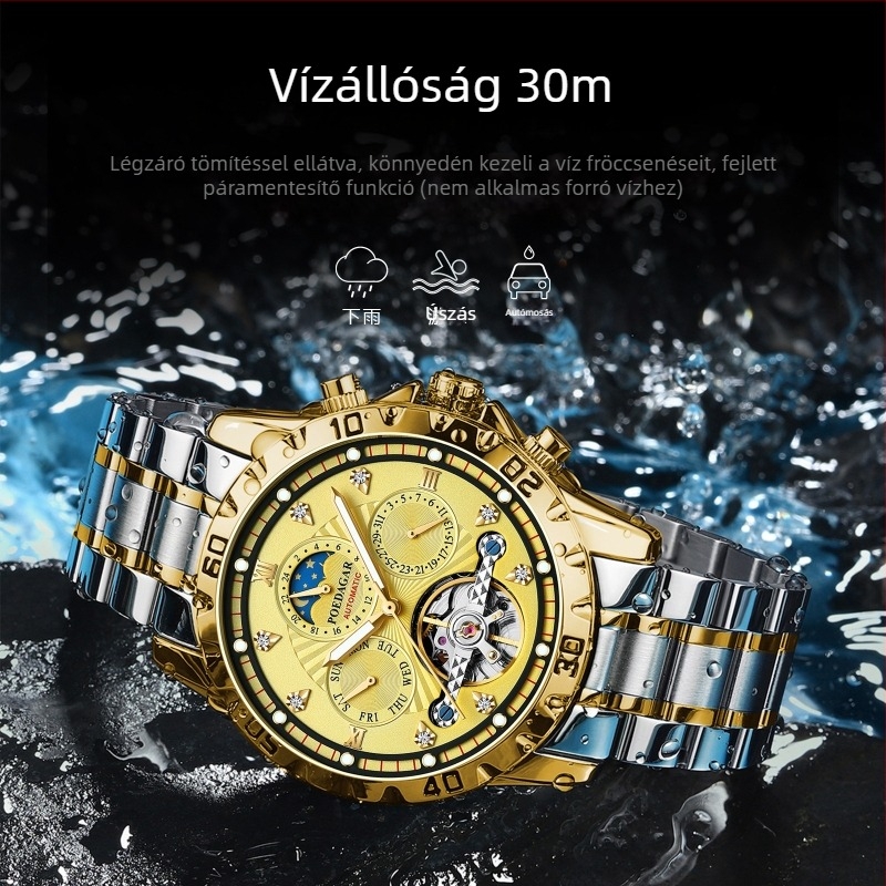 Férfi mechanikus karóra, 50 m vízálló, 42 mm-es számlap, rozsdamentes acél tok és karkötő, tourbillon és holdfázis