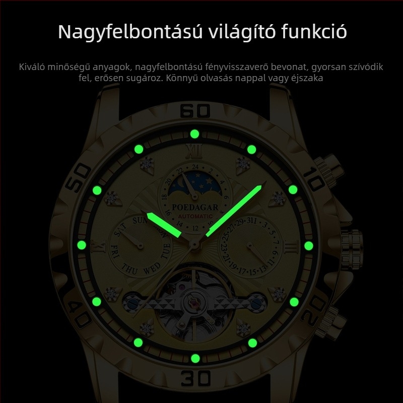 Férfi mechanikus karóra, 50 m vízálló, 42 mm-es számlap, rozsdamentes acél tok és karkötő, tourbillon és holdfázis