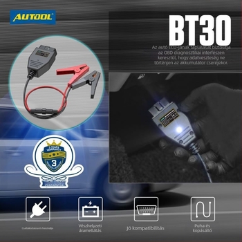 AUTOOL BT-30 Autó OBD Akkumulátor jumper kábel ECU vészenergiaellátással, 12V, OBDII szabvány, univerzális
