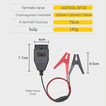 AUTOOL BT-30 Autó OBD Akkumulátor jumper kábel ECU vészenergiaellátással, 12V, OBDII szabvány, univerzális
