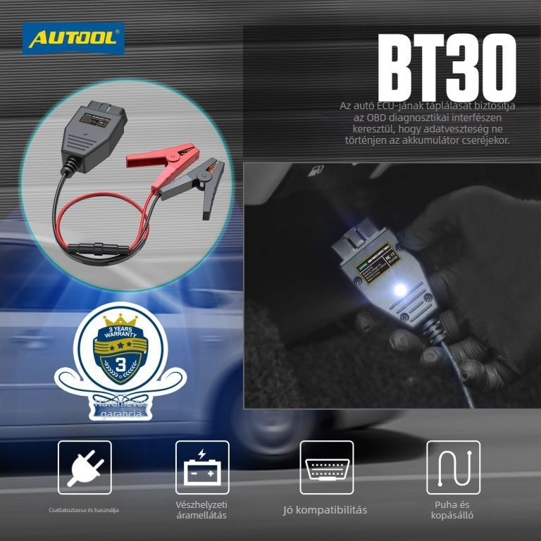 AUTOOL BT-30 Autó OBD Akkumulátor jumper kábel ECU vészenergiaellátással, 12V, OBDII szabvány, univerzális