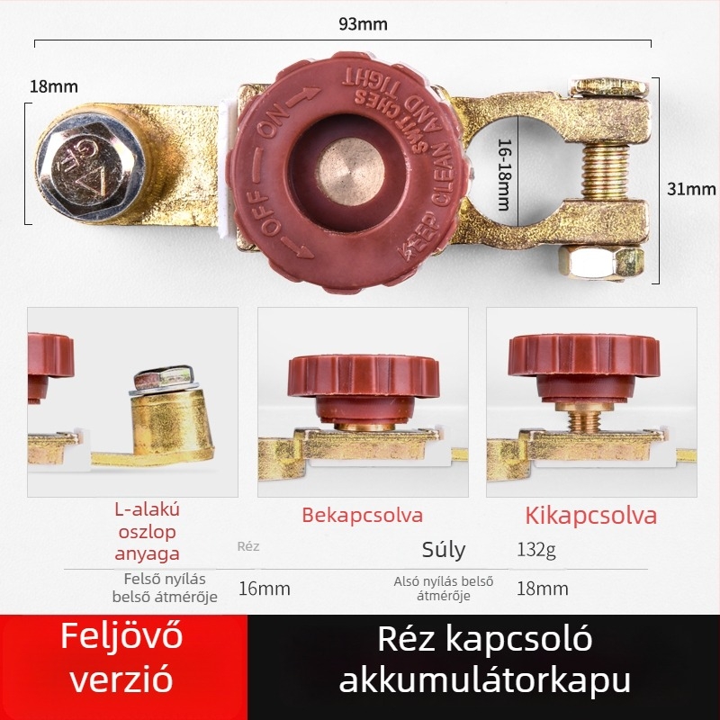 Universális teherautó akkumulátor leválasztó kapcsoló tiszta réz terminálokkal, terminál-klipszekkel és vastagított fő összekötőkábellel