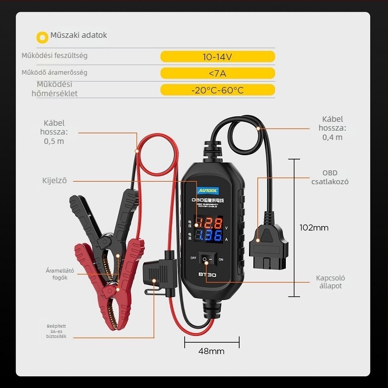 AUTOOL BT-30 OBD akkumulátor-kábel a megszakítás nélküli energiaellátáshoz, 10–14V, −20…60°C