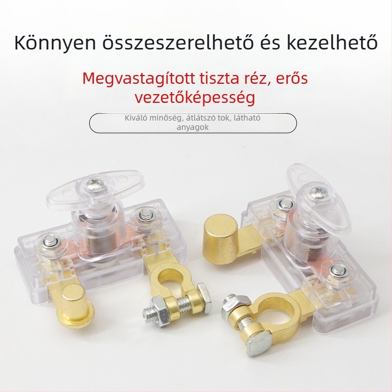 Személygépkocsi akkumulátor leválasztó kapcsoló, átlátszó ház, kis főkapcsoló, réz negatív terminál