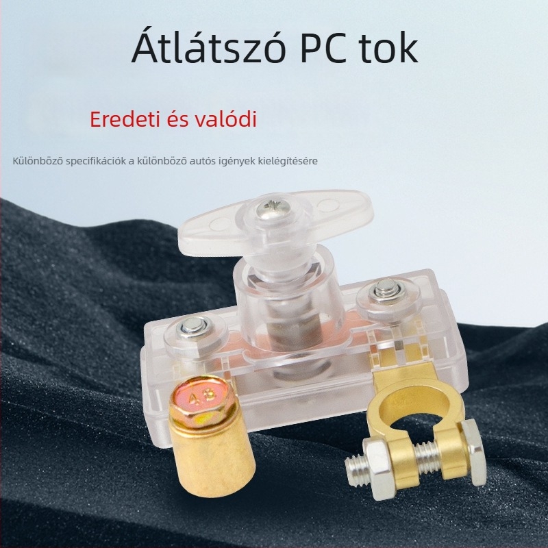 Személygépkocsi akkumulátor leválasztó kapcsoló, átlátszó ház, kis főkapcsoló, réz negatív terminál