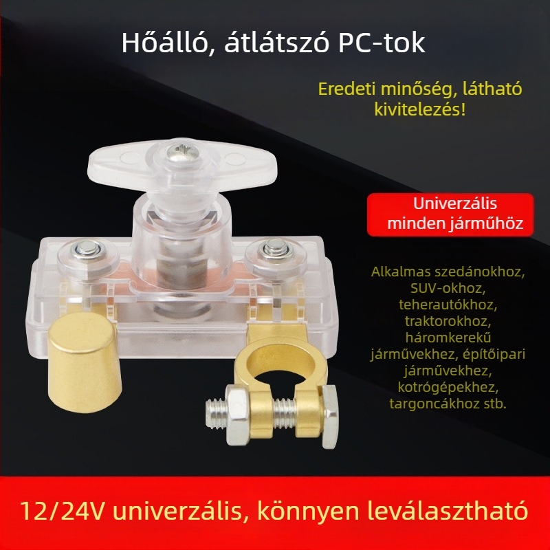 Személygépkocsi akkumulátor leválasztó kapcsoló, átlátszó ház, kis főkapcsoló, réz negatív terminál