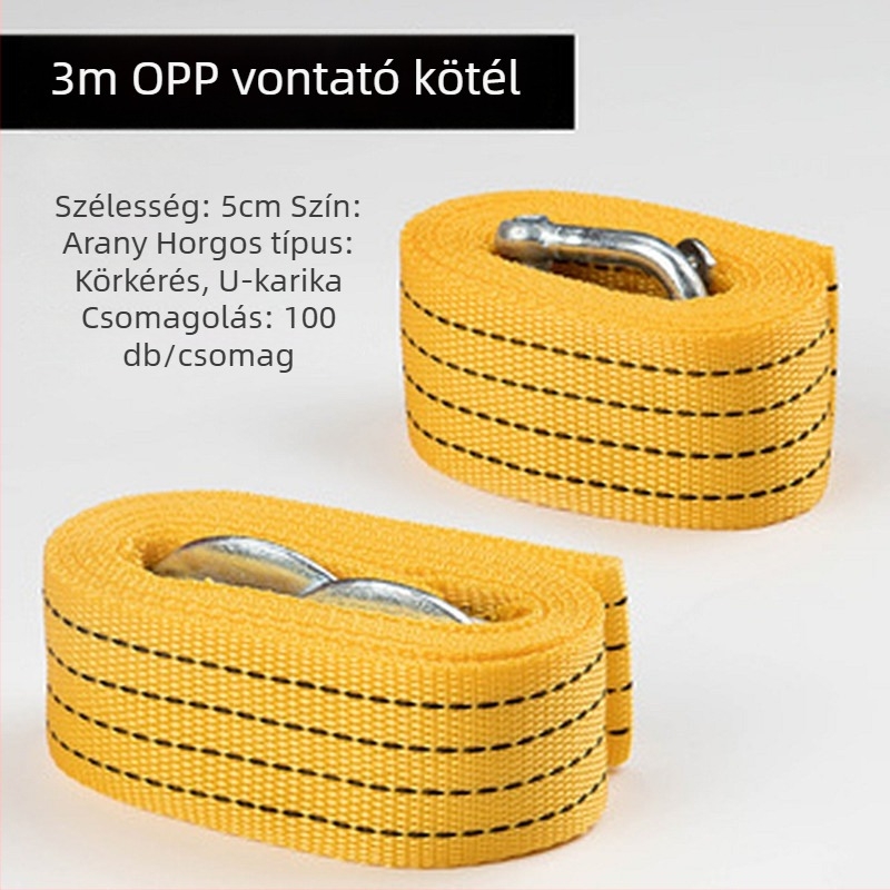 Autó vontató kötél nagy horoggal (BOASE, 3 t teherbírás, polipropilén sík kötél)