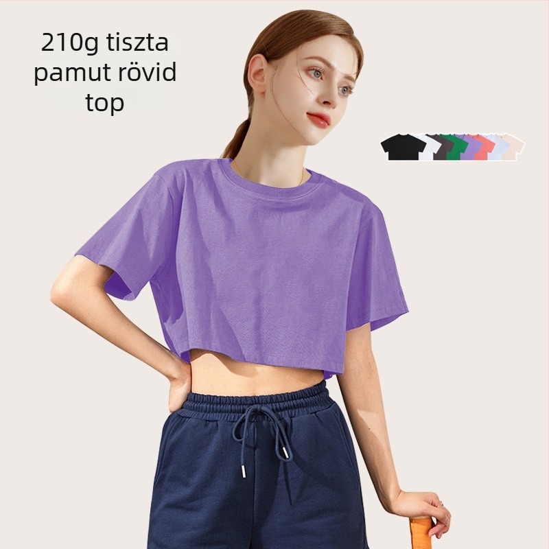 Női cropped pamut póló laza szabásban, kerek nyakú, rövid ujjú, 95%+ pamut, Nyár 2025