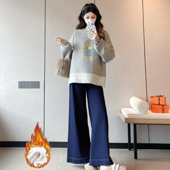 Kismama melegítő felső fleece béléssel, pamutból, koreai stílus, hosszú ujjú, magas gallér