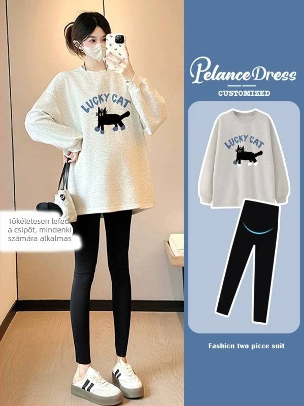 Kismama pamut hosszúujjú felső, kerek nyakkal, laza szabású, középhosszú