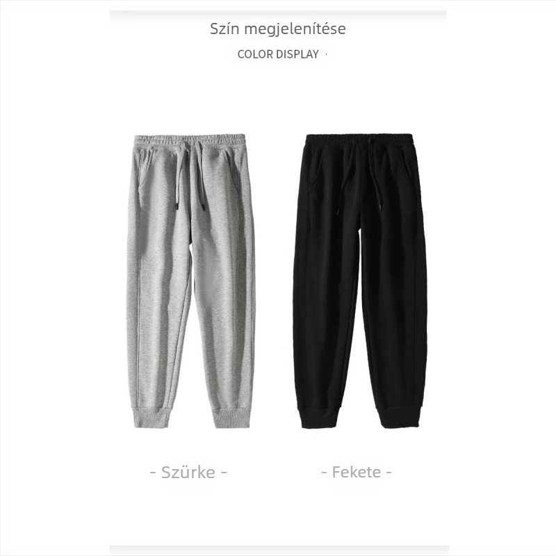 Férfi fleece-béléssel készült őszi–téli sportnadrág, lazán szabott, 100% pamut, középső derekú, húzózsinóros zárás