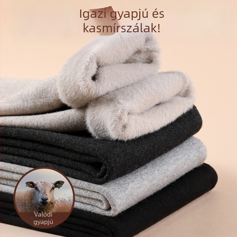 Uniszex gyapjú nadrág fleece-béléssel téli meleg, magas derék, karcsú szabás, velúr kötött