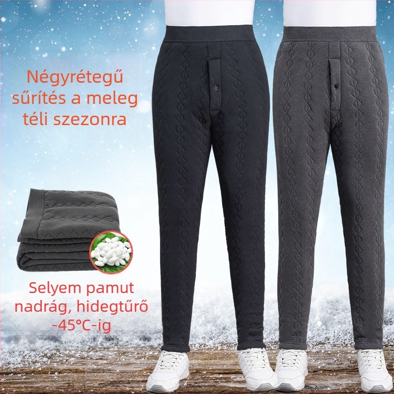 Férfi melegítő nadrág fleece béléssel, vastag, magas derekú, háromrétegű, ultra vastag alapréteg, slim-fit téli viselet