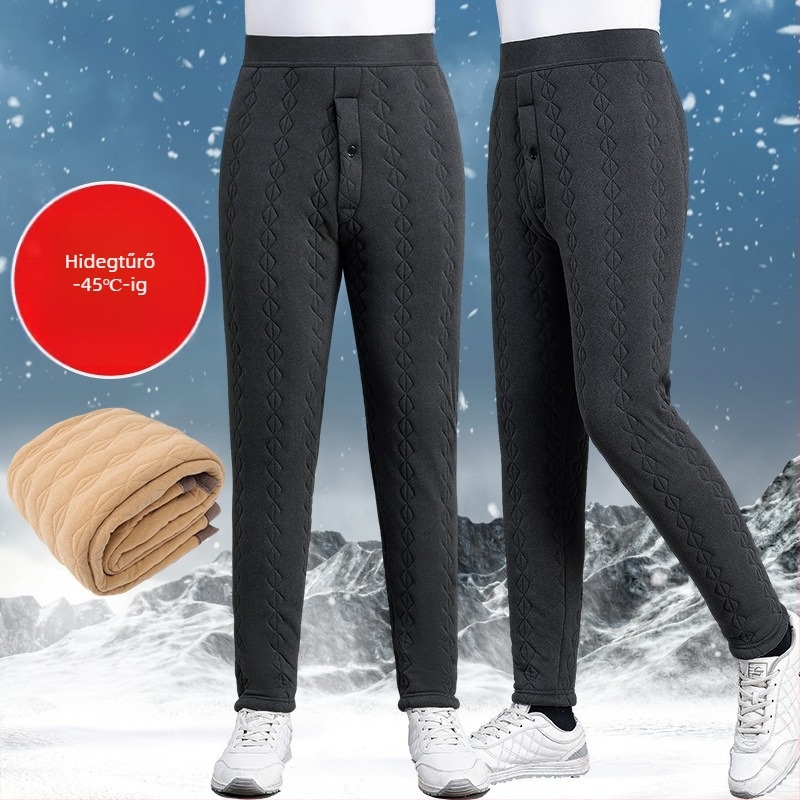 Férfi melegítő nadrág fleece béléssel, vastag, magas derekú, háromrétegű, ultra vastag alapréteg, slim-fit téli viselet