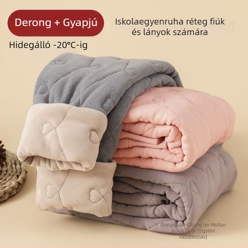 Iskolai egyenruha melegítő nadrág fleece béléssel, vastag egyenes szabás, selyem-pamut töltet, műbőr anyag