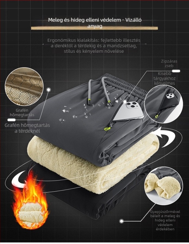 Férfi téli polár béléses egyenes szárú nadrág, 100% poliészter anyag, töltet poliészter rostok, középmagas derekú