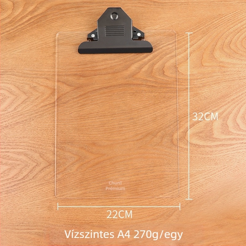 Akril dokumentum-klip tábla erős egyedi klipekkel, rögzítési méretek: A4/B5/A5/B6/A7/A6, lemezvastagság 3 mm