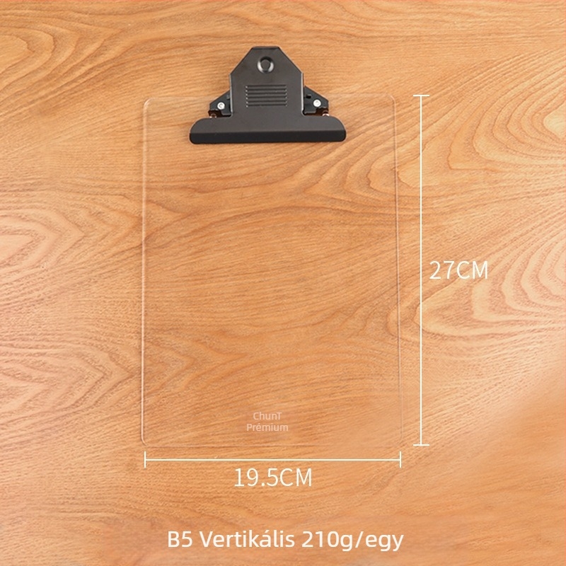 Akril dokumentum-klip tábla erős egyedi klipekkel, rögzítési méretek: A4/B5/A5/B6/A7/A6, lemezvastagság 3 mm