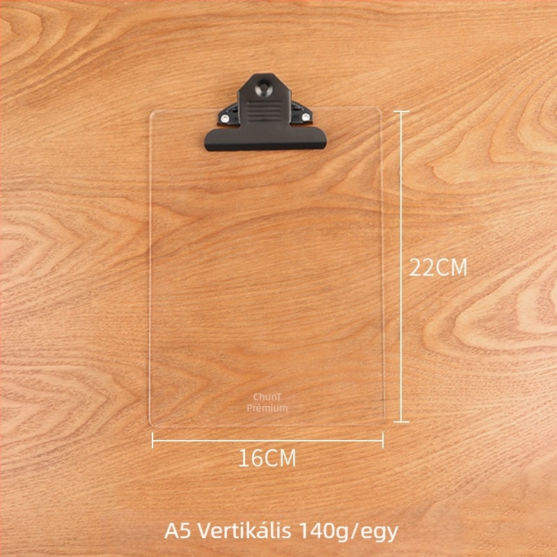 Akril dokumentum-klip tábla erős egyedi klipekkel, rögzítési méretek: A4/B5/A5/B6/A7/A6, lemezvastagság 3 mm