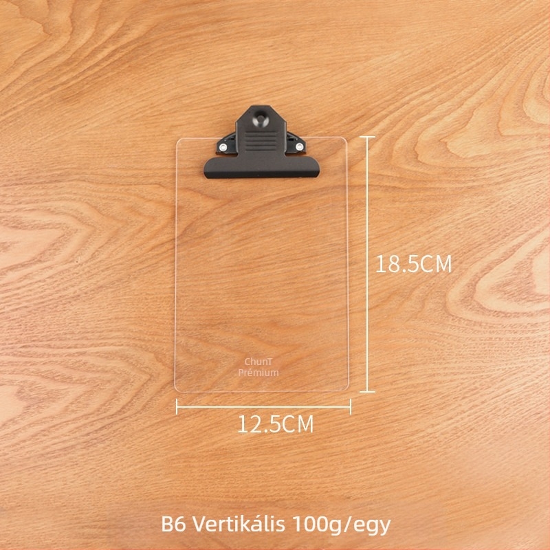 Akril dokumentum-klip tábla erős egyedi klipekkel, rögzítési méretek: A4/B5/A5/B6/A7/A6, lemezvastagság 3 mm