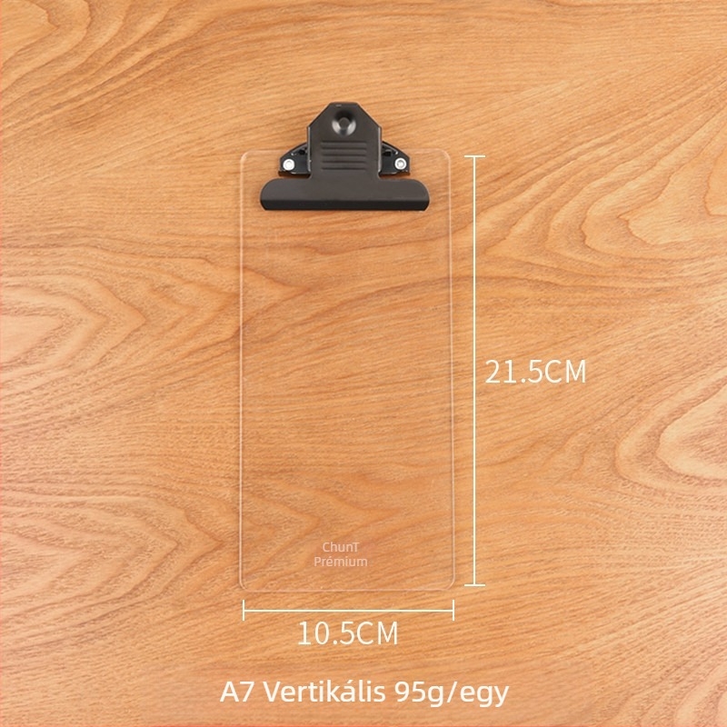 Akril dokumentum-klip tábla erős egyedi klipekkel, rögzítési méretek: A4/B5/A5/B6/A7/A6, lemezvastagság 3 mm