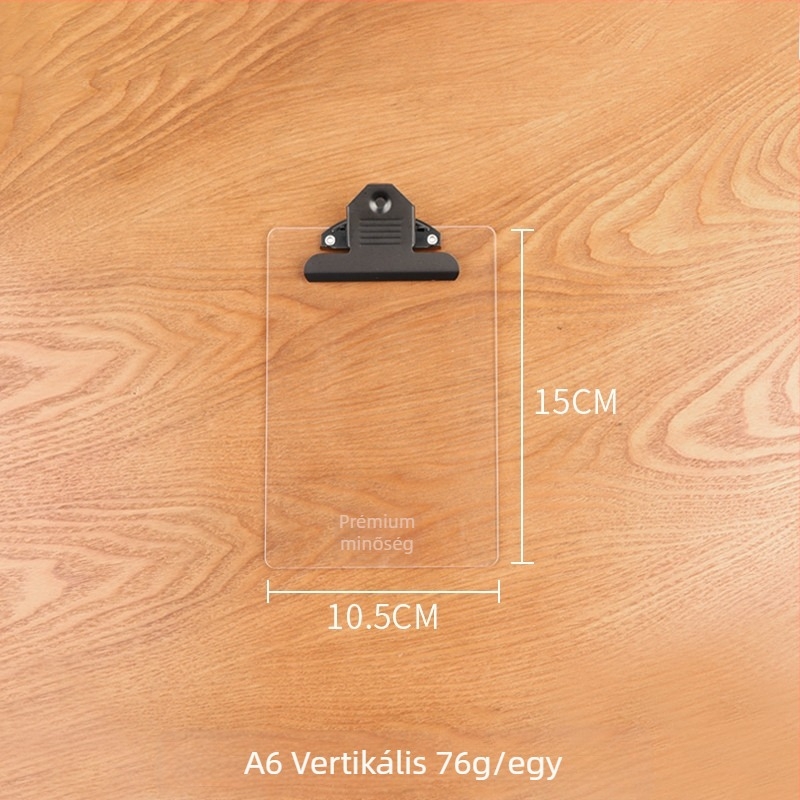 Akril dokumentum-klip tábla erős egyedi klipekkel, rögzítési méretek: A4/B5/A5/B6/A7/A6, lemezvastagság 3 mm