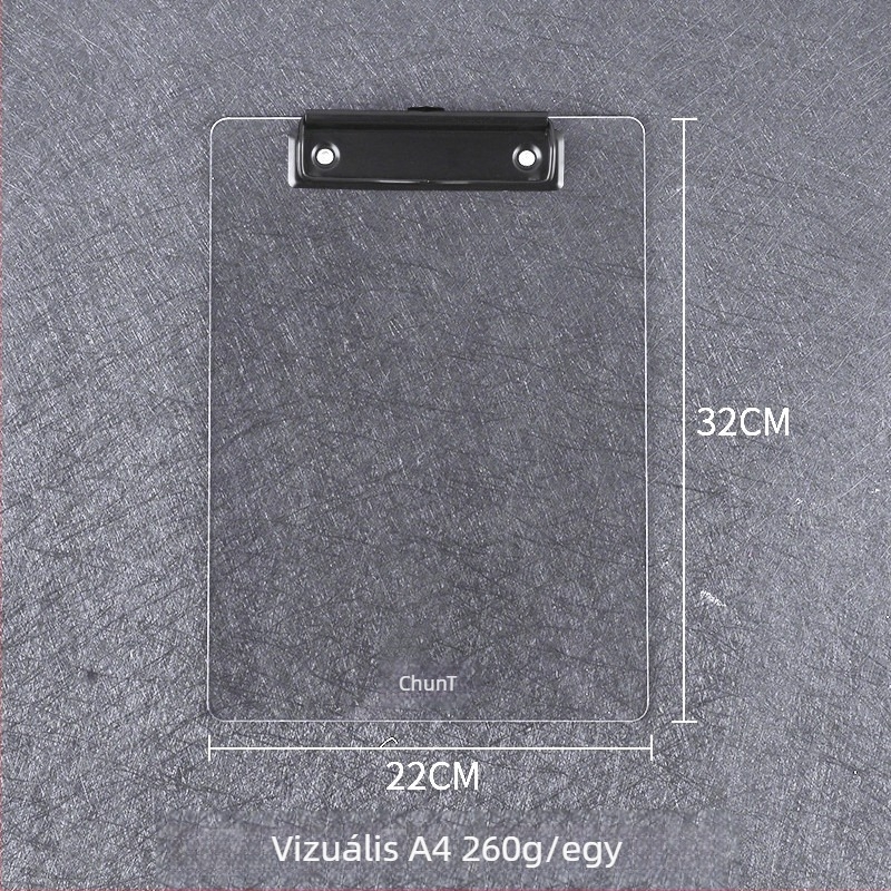 Akril dokumentum-klip tábla erős egyedi klipekkel, rögzítési méretek: A4/B5/A5/B6/A7/A6, lemezvastagság 3 mm