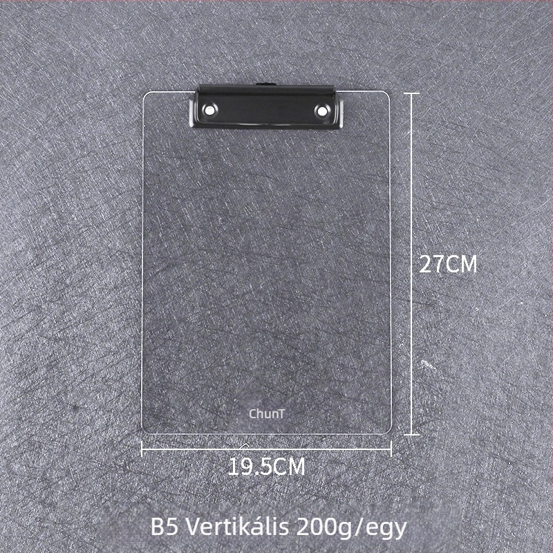 Akril dokumentum-klip tábla erős egyedi klipekkel, rögzítési méretek: A4/B5/A5/B6/A7/A6, lemezvastagság 3 mm