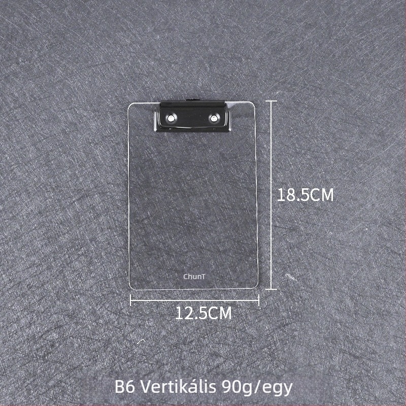 Akril dokumentum-klip tábla erős egyedi klipekkel, rögzítési méretek: A4/B5/A5/B6/A7/A6, lemezvastagság 3 mm