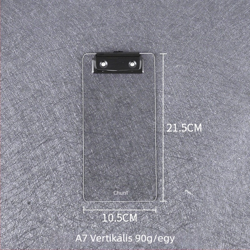 Akril dokumentum-klip tábla erős egyedi klipekkel, rögzítési méretek: A4/B5/A5/B6/A7/A6, lemezvastagság 3 mm