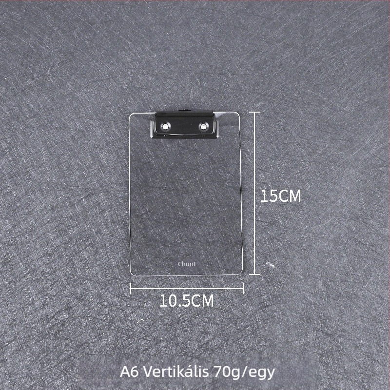Akril dokumentum-klip tábla erős egyedi klipekkel, rögzítési méretek: A4/B5/A5/B6/A7/A6, lemezvastagság 3 mm