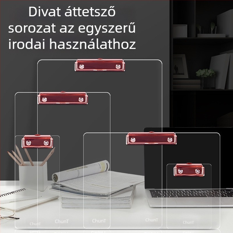 Akril dokumentum-klip tábla erős egyedi klipekkel, rögzítési méretek: A4/B5/A5/B6/A7/A6, lemezvastagság 3 mm