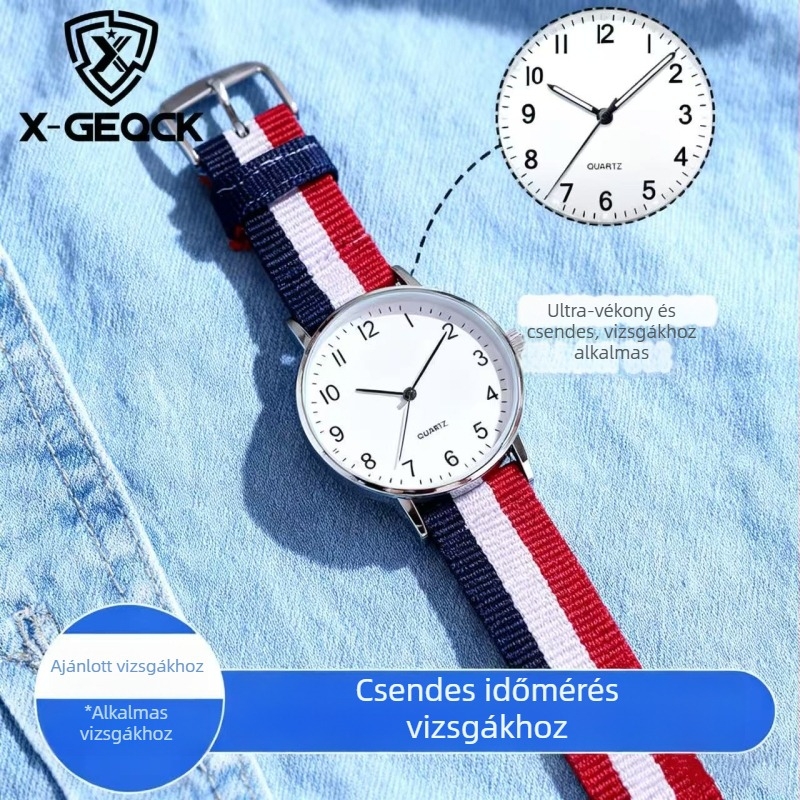 Vizsgákhoz készült női diákoknak szánt óra, kvarc működés, analóg kijelző, textil szíj, ötvözet tok, 10 m vízállóság