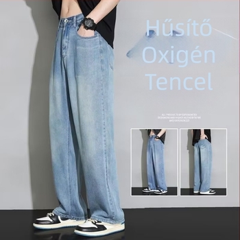 Férfi egyenes szárú farmer, középmagas derék, mosott poliészter denim, cipzár, mindennapi viselet
