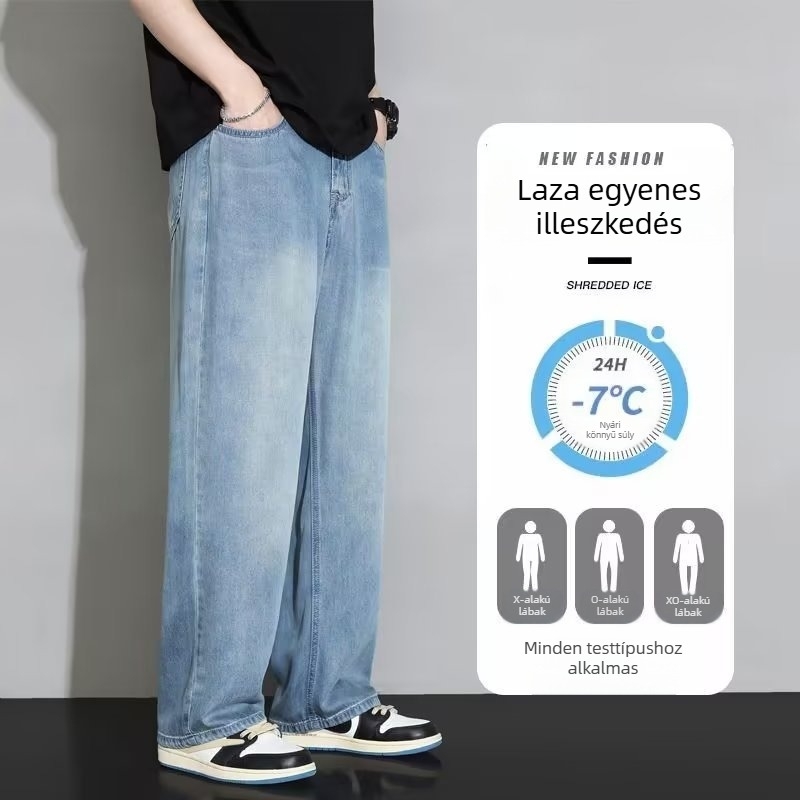 Férfi egyenes szárú farmer, középmagas derék, mosott poliészter denim, cipzár, mindennapi viselet