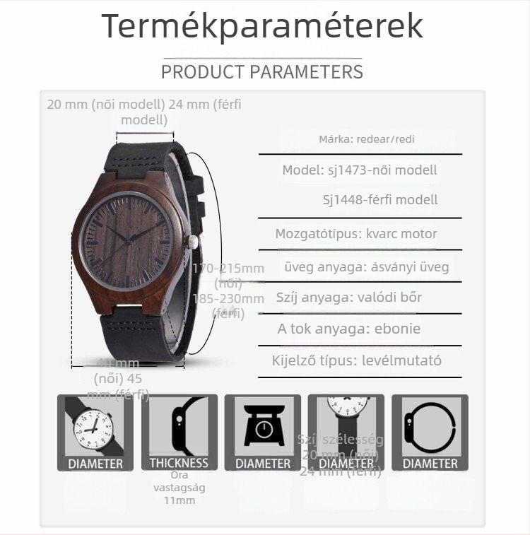 Férfi karóra fa tokkal, valódi bőrszíj, quartz mozgás, 45 mm tárcsa