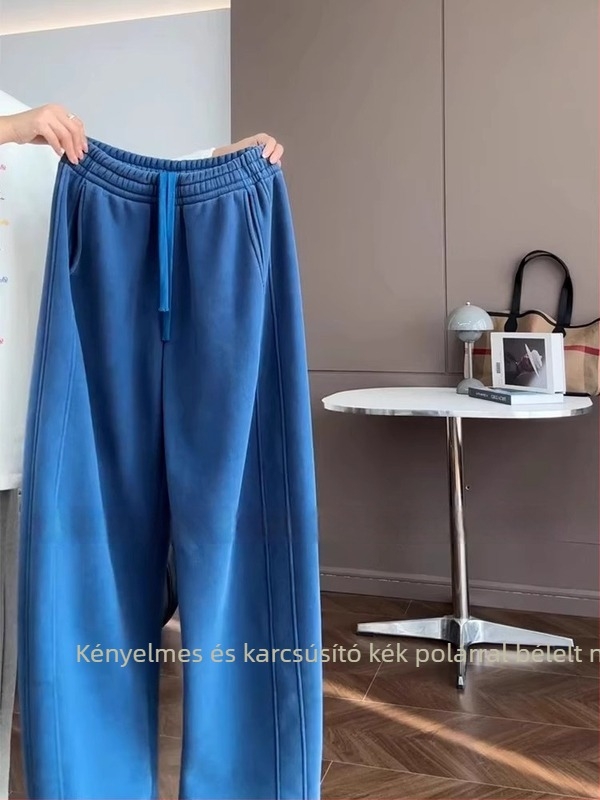 Női fleece-béléses vastag kék szabadidőnadrág, új tavaszi modell, körte alakhoz karcsúsító, lazán illeszkedő, egyenes szárú
