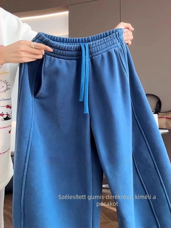 Női fleece-béléses vastag kék szabadidőnadrág, új tavaszi modell, körte alakhoz karcsúsító, lazán illeszkedő, egyenes szárú